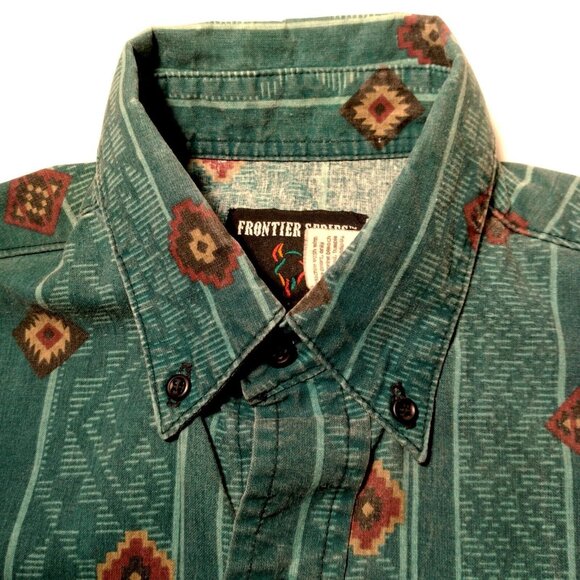 Frontier Series Western Shirt Small Teal Southwest Geometric Button Down READ - Picture 8 of 15